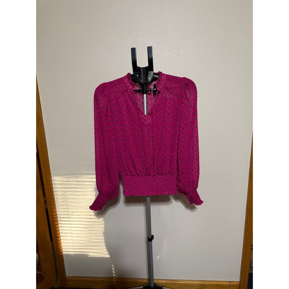 Rachel Zoe Magenta Pink Clip‎ Dot Smocked Waist Blouse Floral Medallion Small